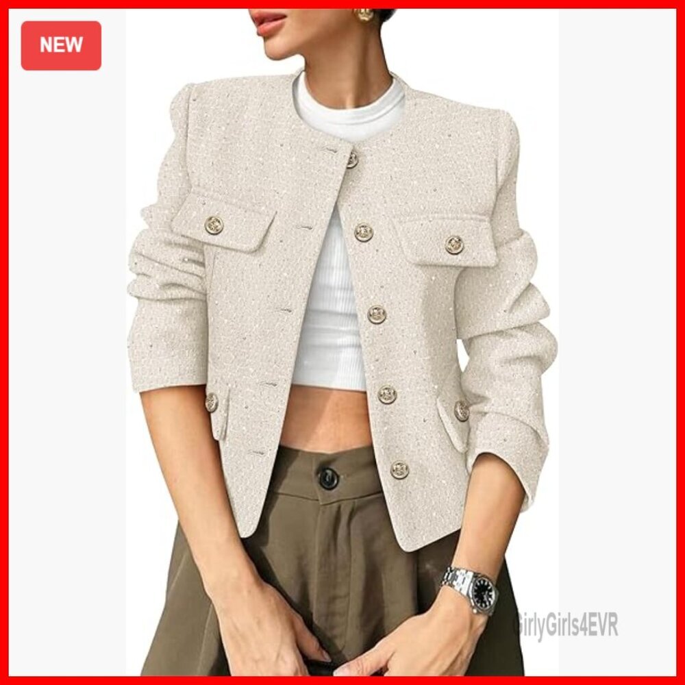 Cropped Tweed Blazer Collarless Button Down Long Sleeve Casual Jacket with